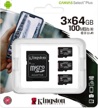 Kingston Canvas Select Plus R100 microSDXC 64GB Kit, UHS-I U1, A1, Class 10, 3er-Pack (SDCS2/64GB-3P