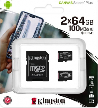 Kingston Canvas Select Plus R100 microSDXC 64GB Kit, UHS-I U1, A1, Class 10, 2er-Pack (SDCS2/64GB-2P