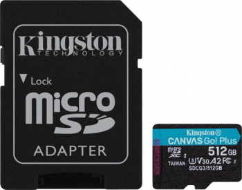 Kingston Canvas Go! Plus R170/W90 microSDXC 512GB Kit, UHS-I U3, A2, Class 10 (SDCG3/512GB)