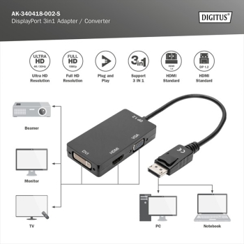 Digitus DisplayPort auf HDMI/DVI/VGA Adapter+Konverter/0.20m